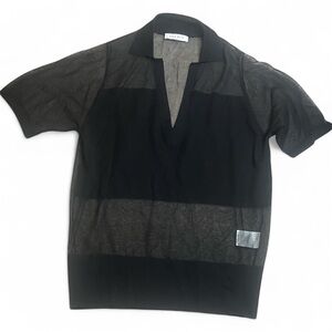 Sandro Mesh Striped Black Knit Polo Short Sleeve Top women’s sz T1 est sz S